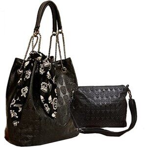 𝅺🆕 💀 Hobo Gothic Black Leather Skull Punk Purse Shoulder Bag Stud Bag New NWT